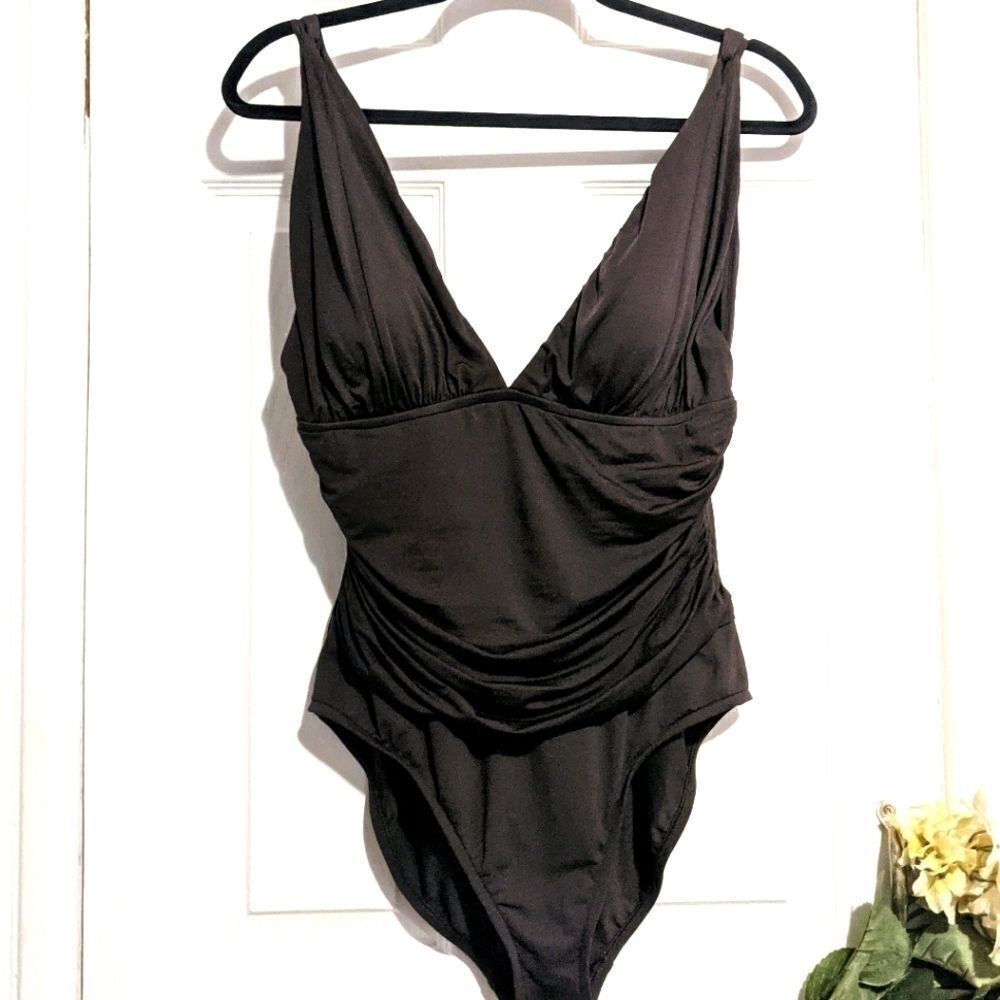 La Blanca Draped Plunging One Piece Swimsuit Brown